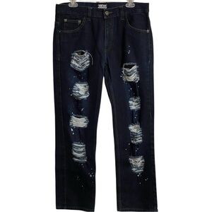 NOBEL MENS DARK BLUE DISTRESSED JEANS SZ 34